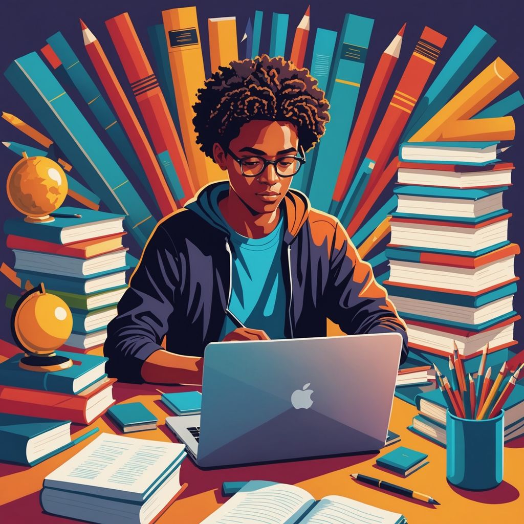 Focused student with books and laptop