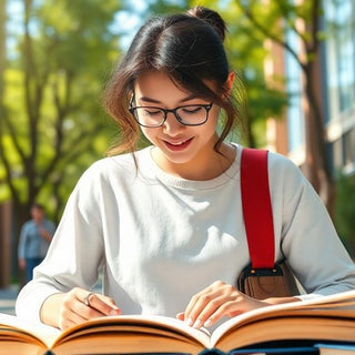 University student on campus with books and laptop.