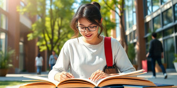 University student on campus with books and laptop.