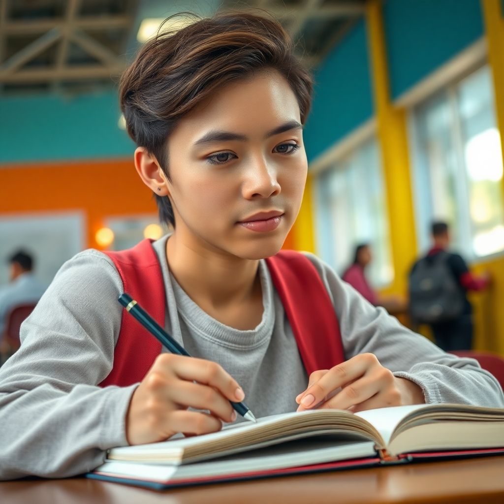 University student writing in a vibrant, colorful environment.