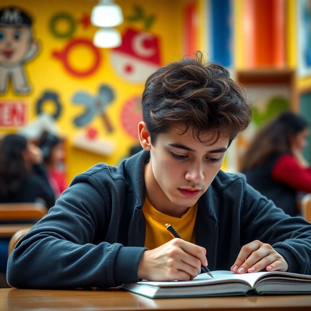 Estudiante universitario escribiendo en un ambiente vibrante.