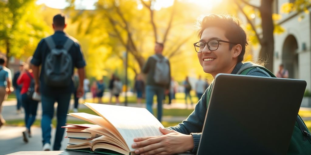 University student in a vibrant campus setting with books.