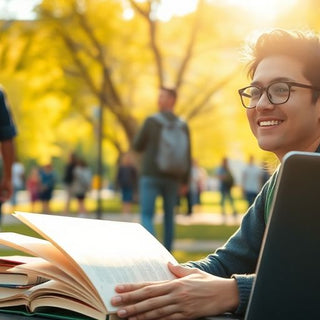 University student in a vibrant campus setting with books.