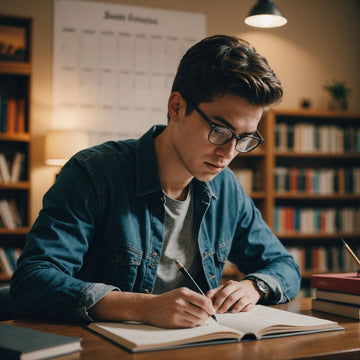 Student writing thesis with calendar and books