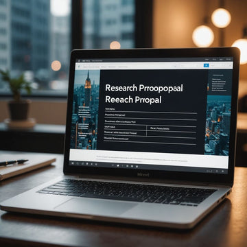 Laptop showing research proposal template in Word