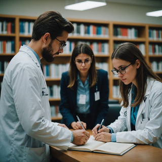 Estudiantes de medicina trabajando en una biblioteca.