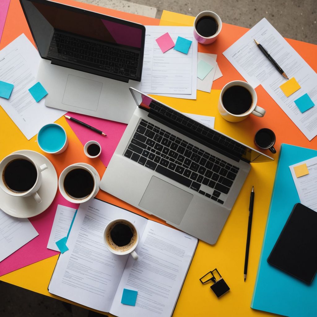 五彩缤纷的桌子，上面放着论文材料