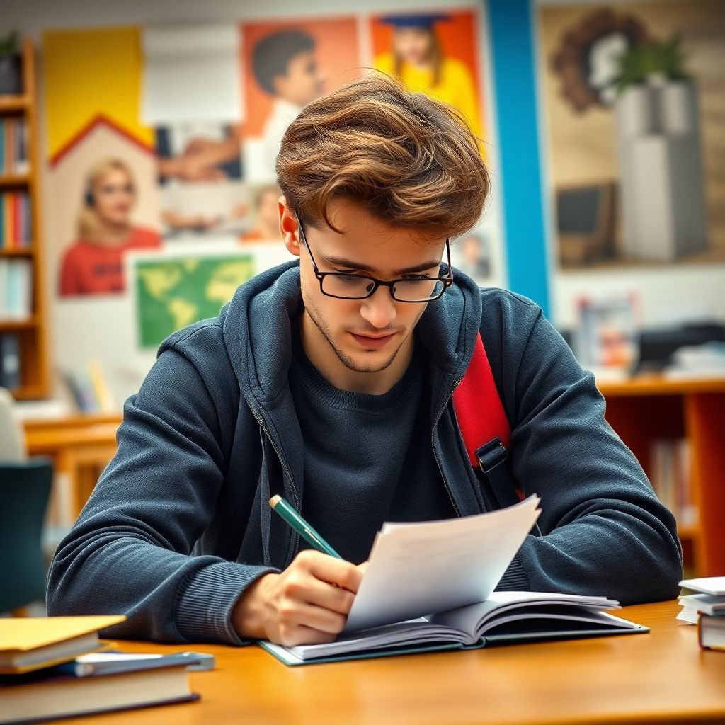 University student writing in a colorful study environment.