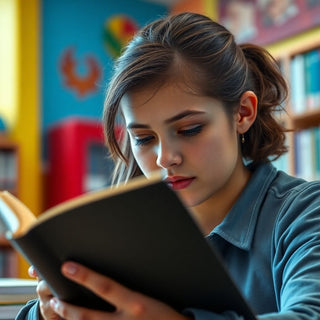 University student reading in a colorful study environment.