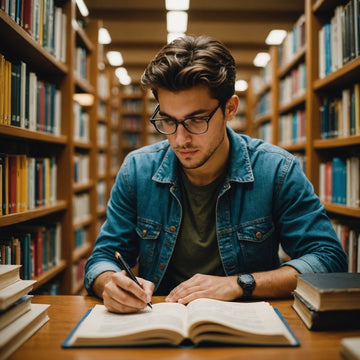 Estudiante en biblioteca con libros y laptop