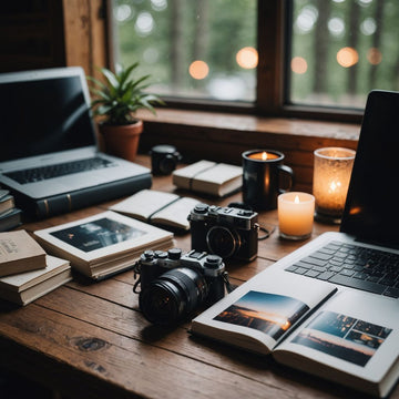 Books, journals, and laptop for literature research