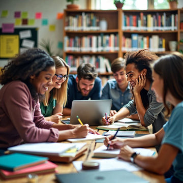 Estudiantes colaborando en temas de tesis en un entorno colorido.