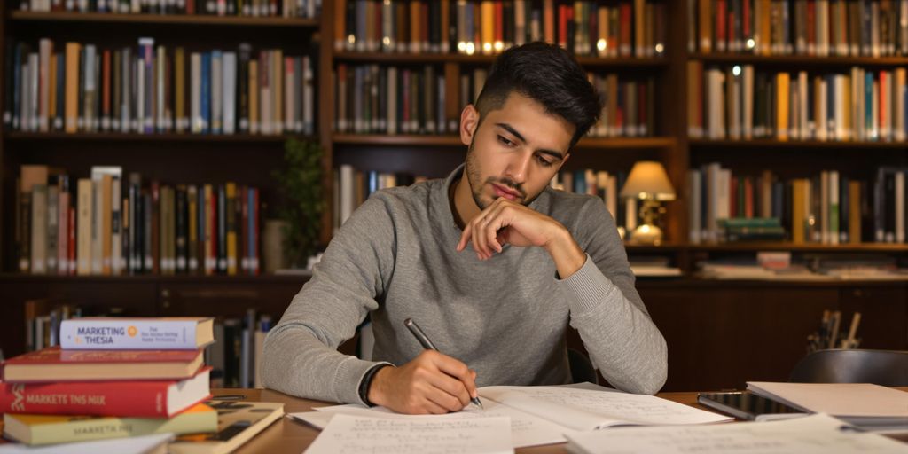 Student focused on studying for marketing thesis in library.