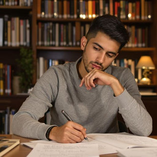 Student focused on studying for marketing thesis in library.