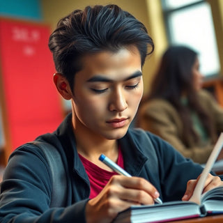 University student writing in a vibrant study environment.