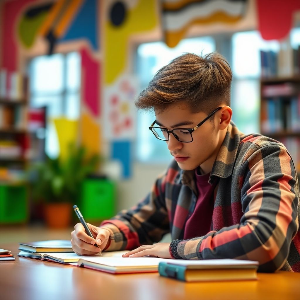 University student writing in a vibrant study environment.