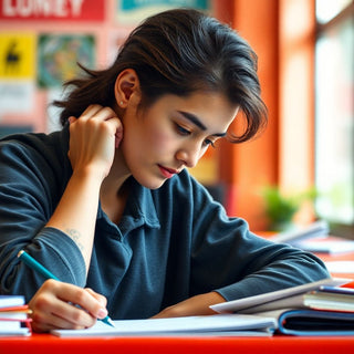 University student writing at a colorful study desk.