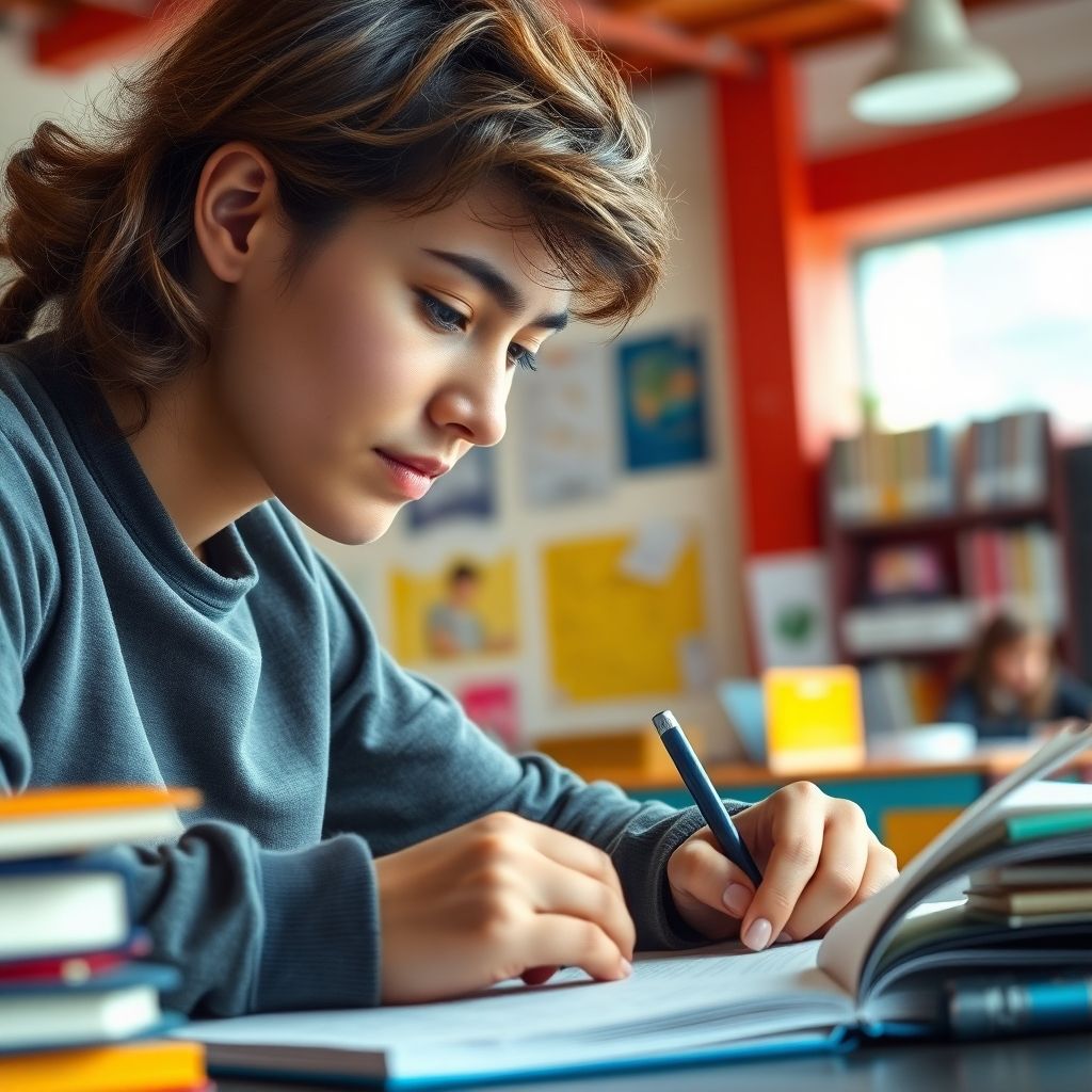 University student writing in a vibrant study environment.