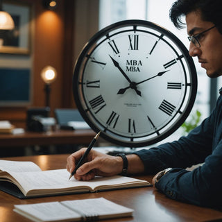 Busy student writing MBA thesis with clock nearby