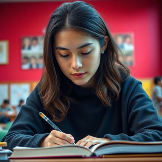 University student writing in a colorful study environment.