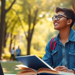 University student in a vibrant campus environment with books.