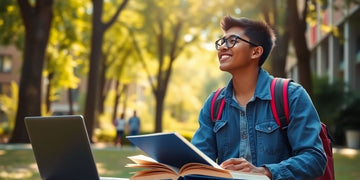 University student in a vibrant campus environment with books.