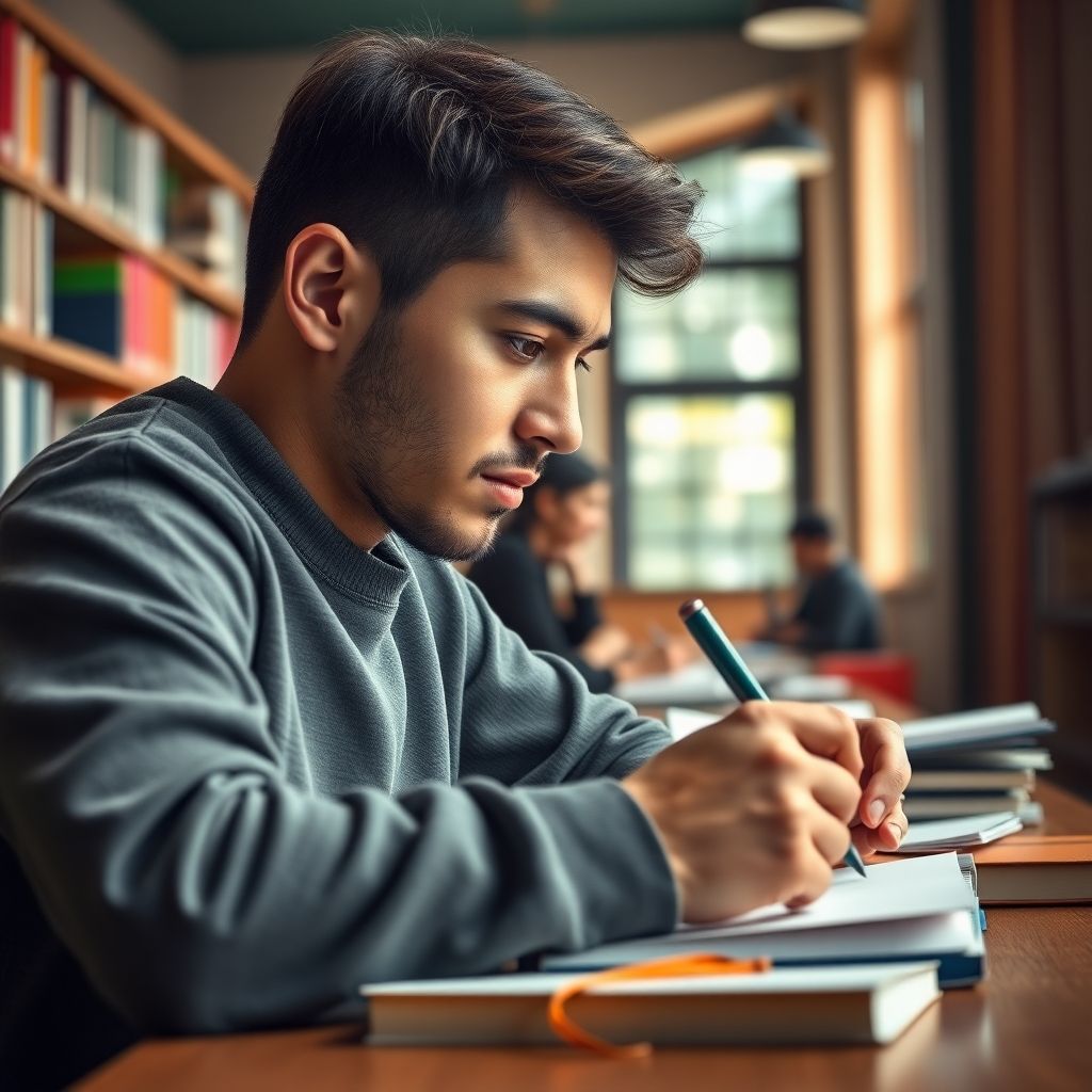 Estudiante universitario concentrado en su actividad de escritura.