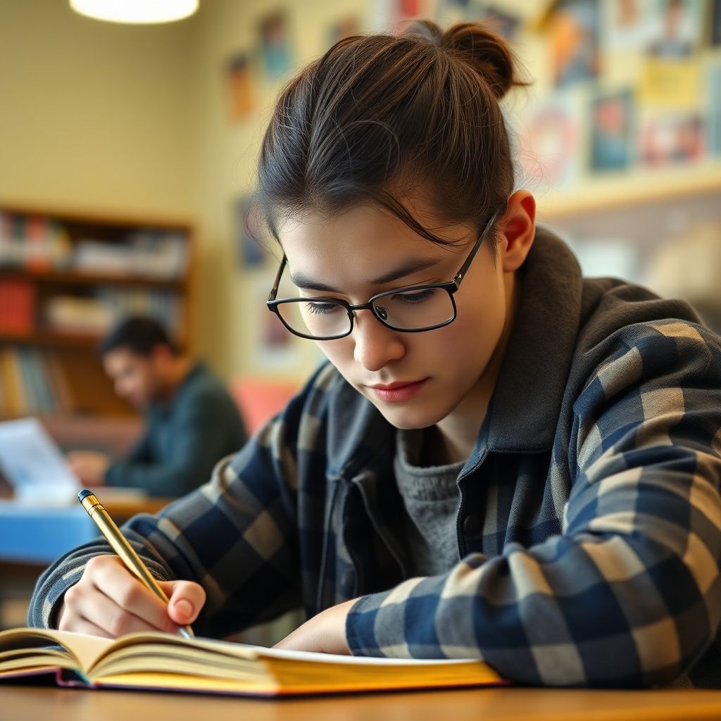 University student writing in a vibrant study environment.