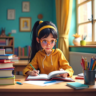 Student studying with books and colorful stationery.