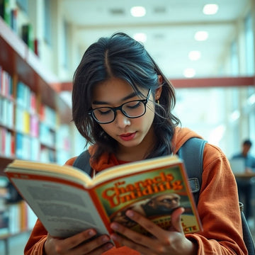 University student reading in a vibrant, colorful setting.