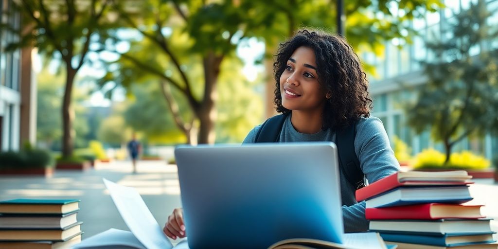 University student studying in a vibrant campus environment.