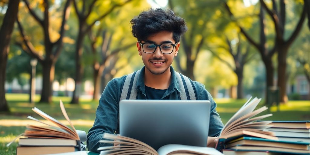 University student in vibrant campus with books and laptop.