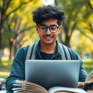 University student in vibrant campus with books and laptop.