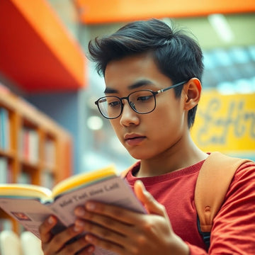 University student reading in a vibrant, colorful setting.