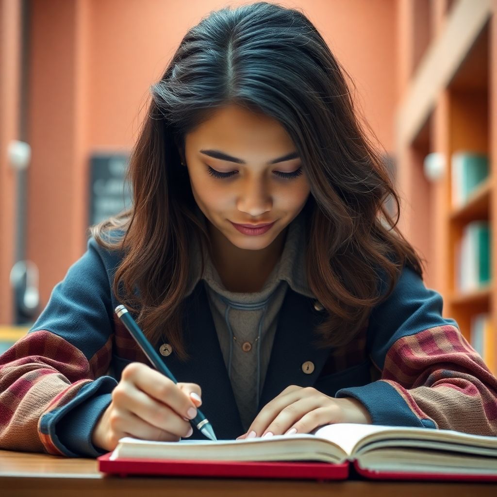 University student writing in a vibrant, colorful environment.