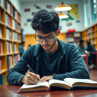 University student writing in a vibrant study environment.