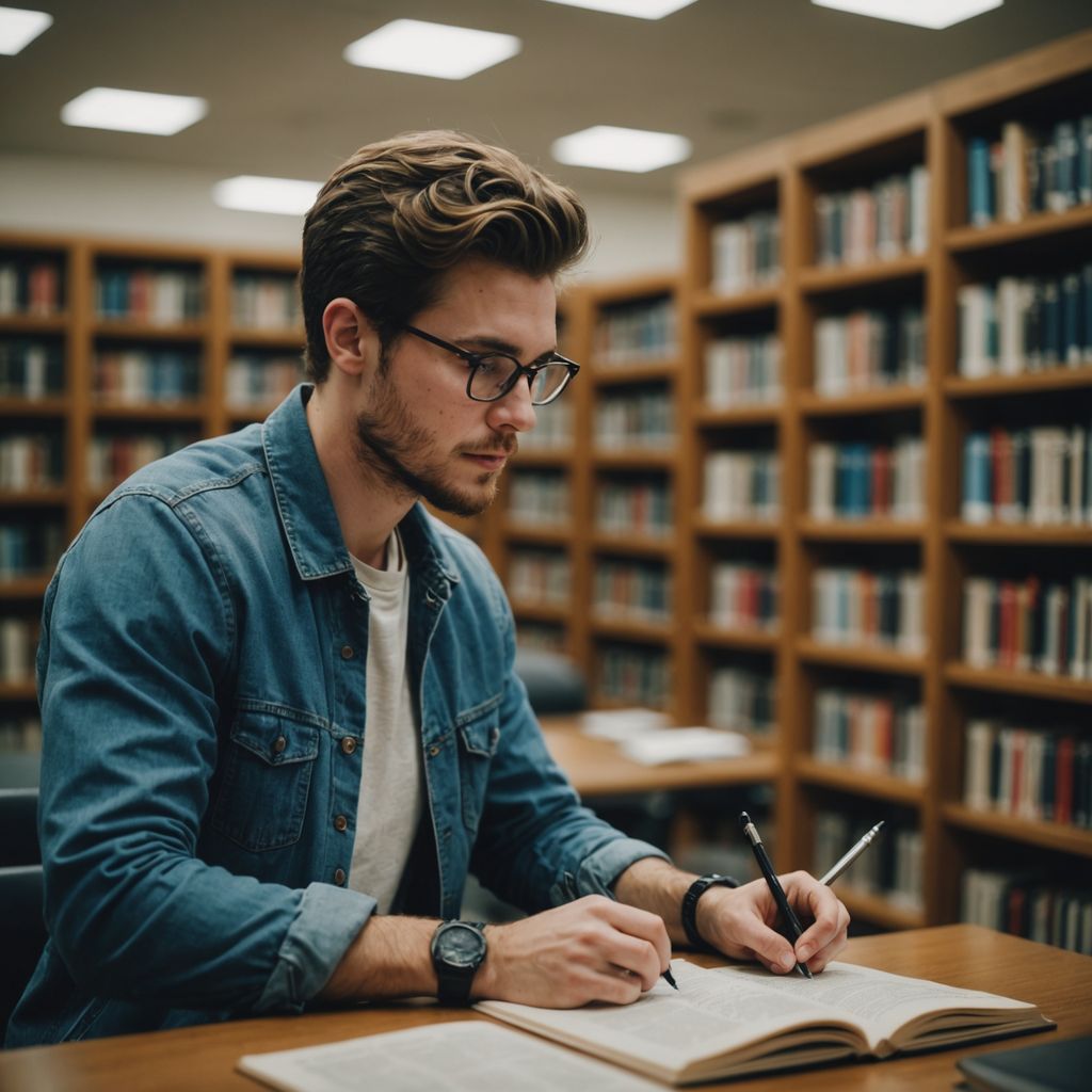 Student in library researching literature for thesis work