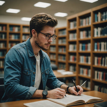 Student in library researching literature for thesis work