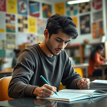 University student writing in a vibrant study environment.