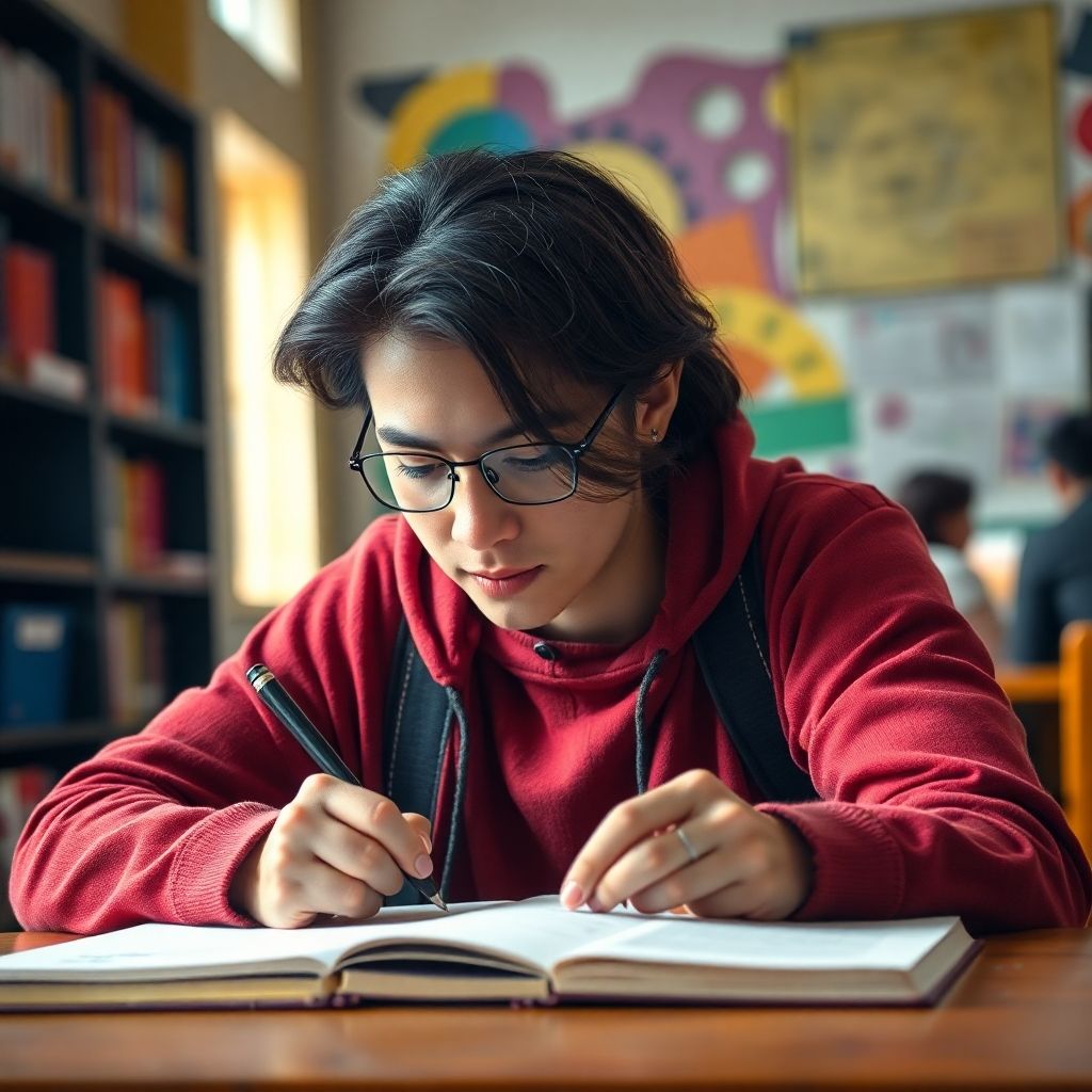 University student writing in a colorful study environment.