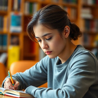 University student writing in a vibrant study environment.