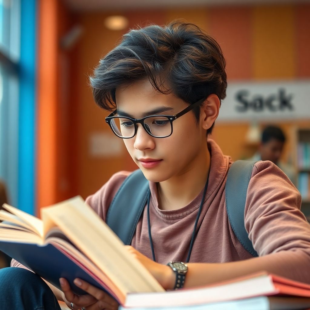 University student engaged in reading or writing alone.