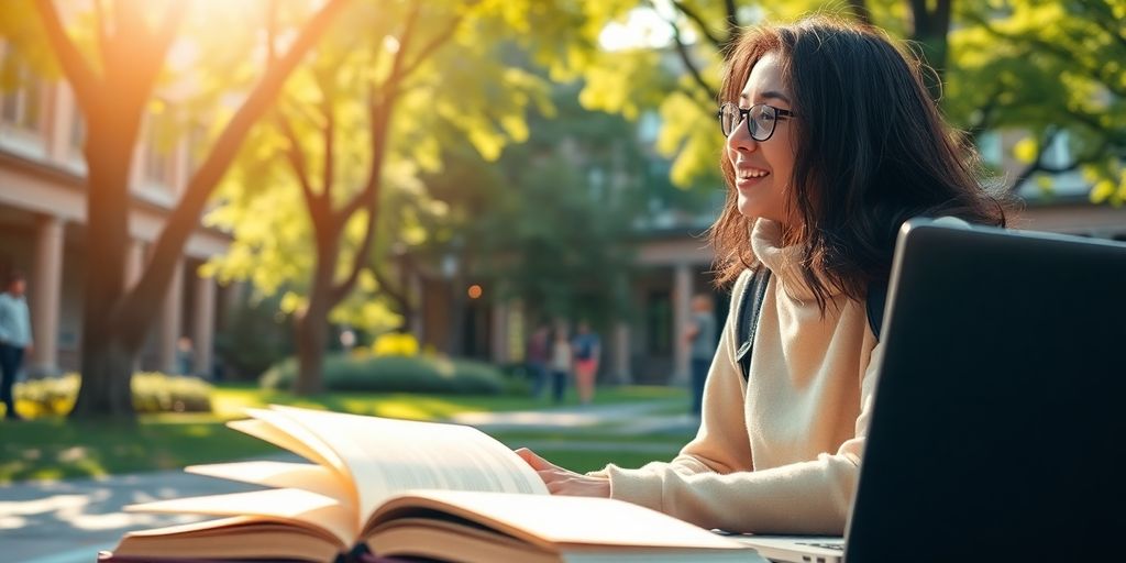 University student in a vibrant campus environment with books.