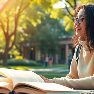 University student in a vibrant campus environment with books.