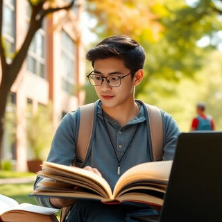 University student studying in a lively campus environment.