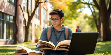 University student studying in a lively campus environment.