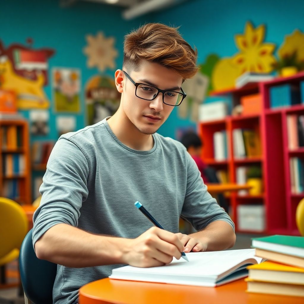 University student writing in a vibrant study environment.