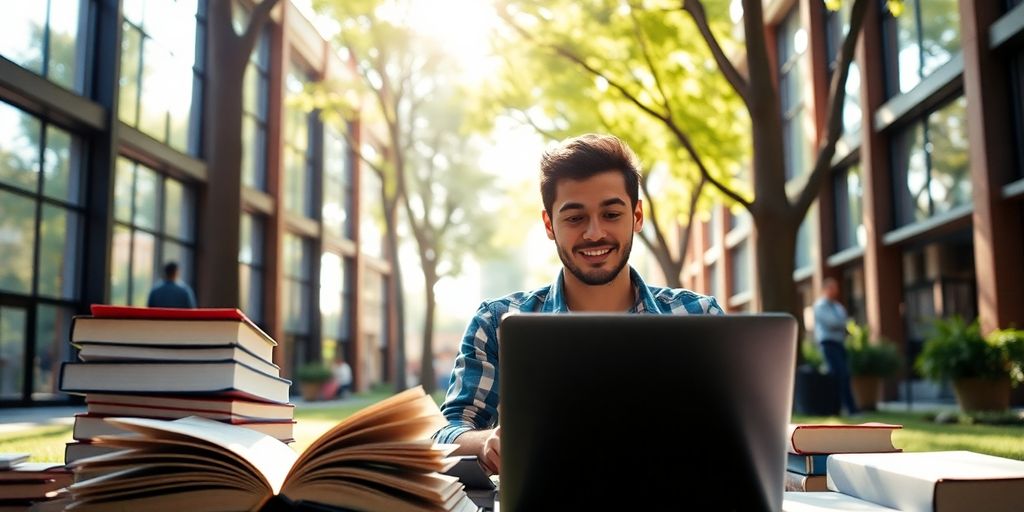 University student in a vibrant campus environment with books.