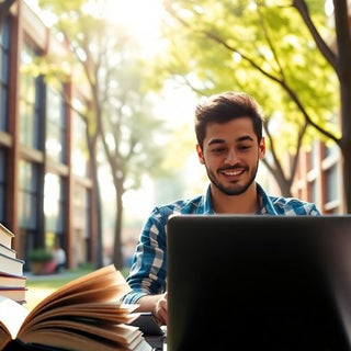 University student in a vibrant campus environment with books.