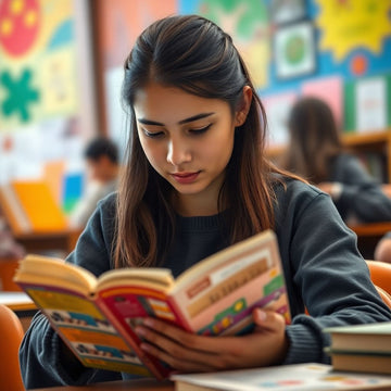 University student reading in a vibrant study environment.